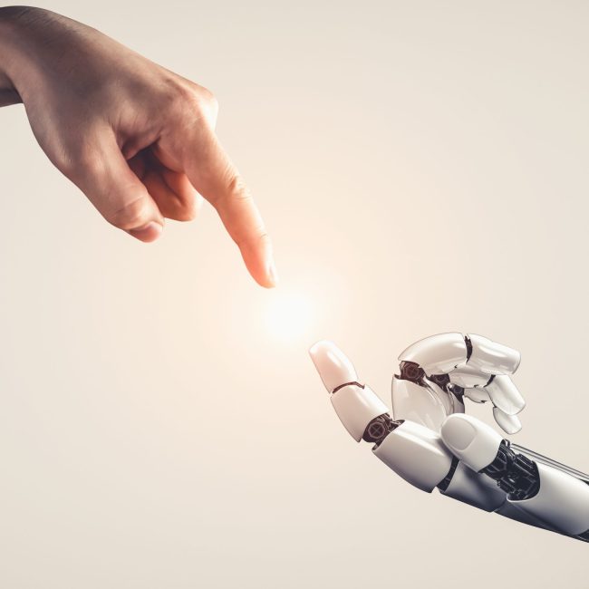 Future artificial intelligence and machine learning for AI droid robot or cyborg 3D rendering artificial intelligence AI research of droid robot and cyborg development for future of people living. Digital data mining and machine learning technology design for computer brain.